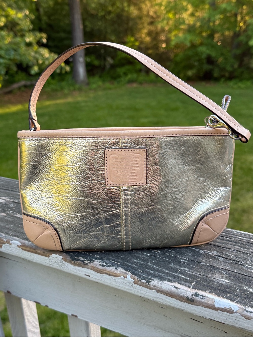 COACH METALLIC & TAN LEATHER LARGE WRISTLET
